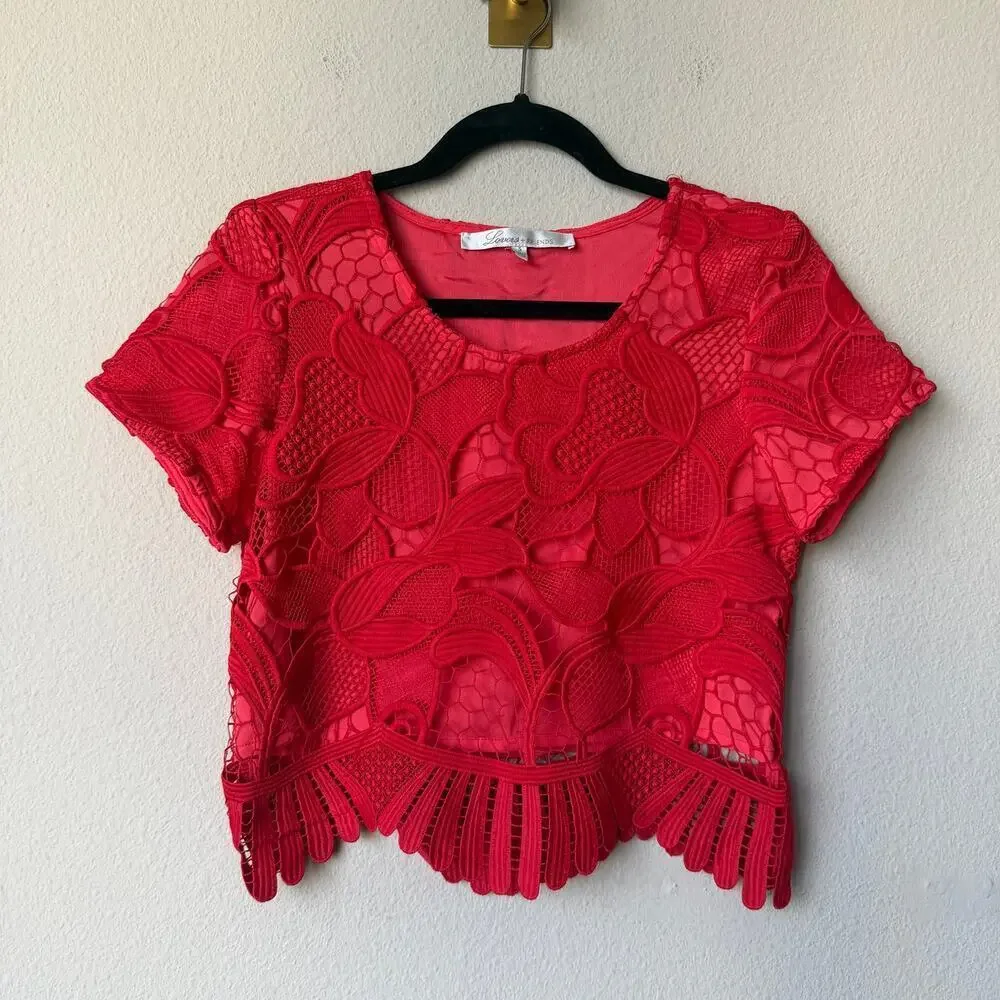 Lovers + Friends Daycation Coral Red Crochet Crop Top Size S